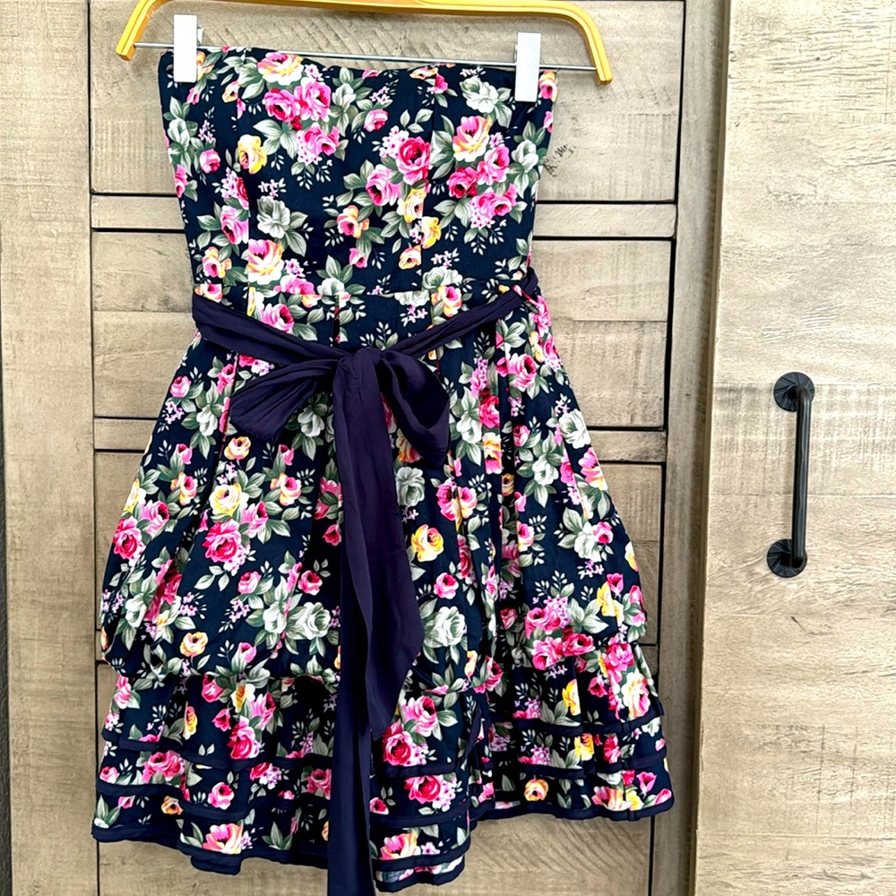 Love Culture Strapless Floral Black Dress with waist tie ribbon size small
